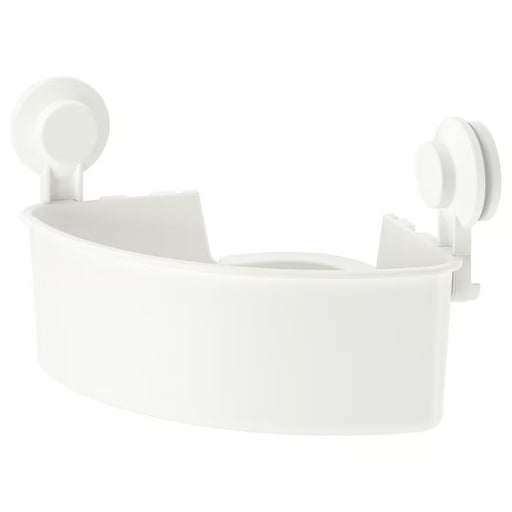 IKEA TISKEN white corner shelf unit with suction cups mounted on bathroom wall front view #30400308