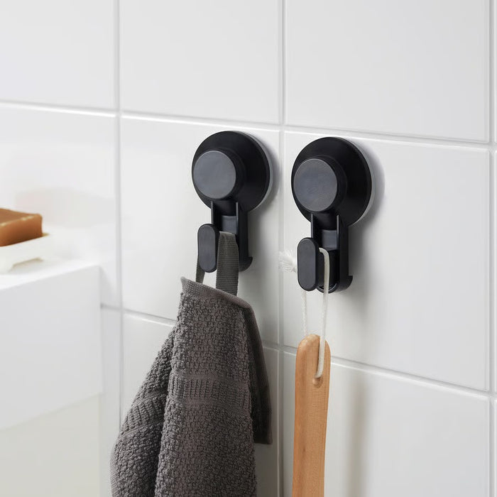 IKEA TISKEN Towel rack with suction cup, black, with  Hook with suction cup, black