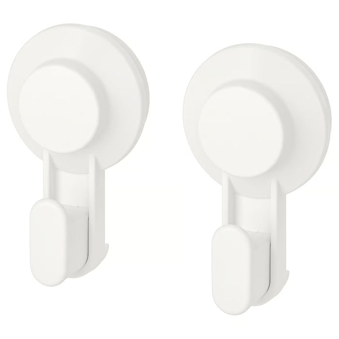 IKEA TISKEN white suction cup hook pair mounted on tiled wall front view no-drill bathroom hook #50381276