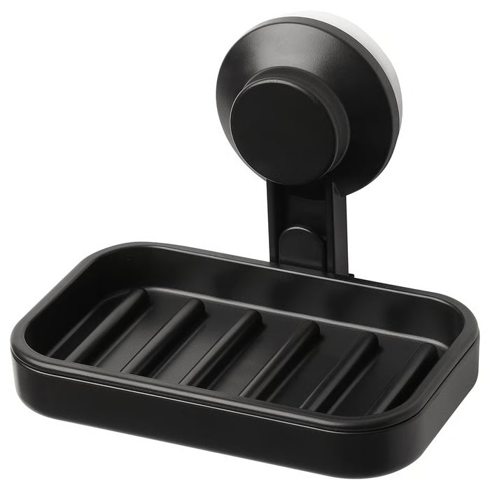 IKEA TISKEN black soap dish with suction cup wall-mounted ridged draining tray #30498531