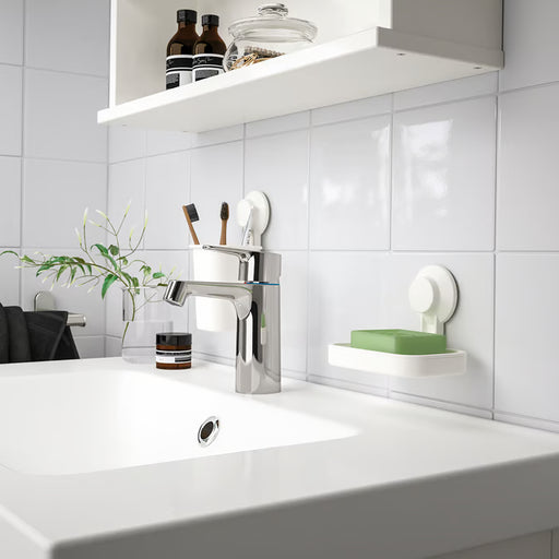 IKEA TISKEN white soap dish assembly process suction cup being attached to tiled wall
