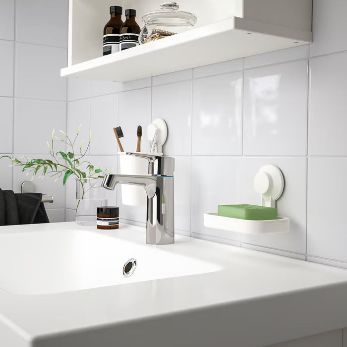 IKEA TISKEN white soap dish assembly process suction cup being attached to tiled wall