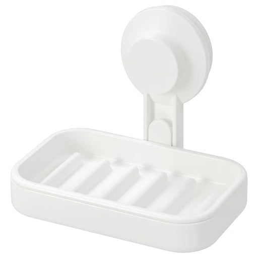 IKEA TISKEN white soap dish with suction cup removable draining tray front view #60381285