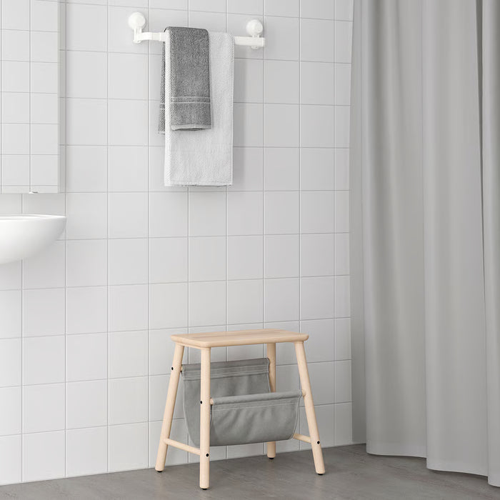 IKEA TISKEN white suction cup towel rack in bathroom extended position side angle view
