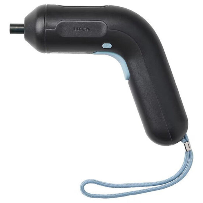 A black and blue IKEA electric screwdriver with a wrist strap attached at the bottom. The screwdriver has a compact, ergonomic design with a button on the side and the IKEA logo printed on it-