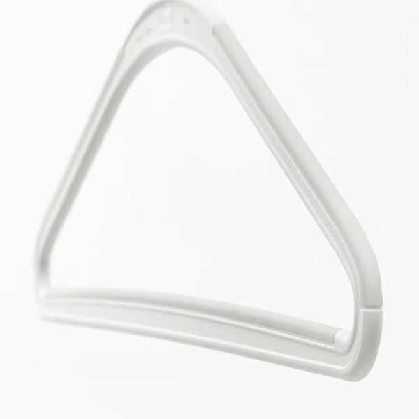 Single IKEA TRYSSE white triangular clothes hanger with anti-slip surface and swivel hook close-up