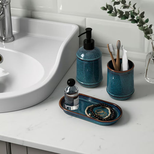 IKEA TVÅLSJÖN 3-piece blue bathroom set with stoneware soap dispenser, mug and tray
