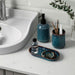IKEA TVÅLSJÖN 3-piece blue bathroom set with stoneware soap dispenser, mug and tray