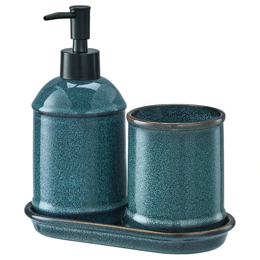 IKEA TVÅLSJÖN blue glazed stoneware bathroom set with soap dispenser, toothbrush mug and tray #70637610