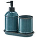 IKEA TVÅLSJÖN blue glazed stoneware bathroom set with soap dispenser, toothbrush mug and tray #70637610