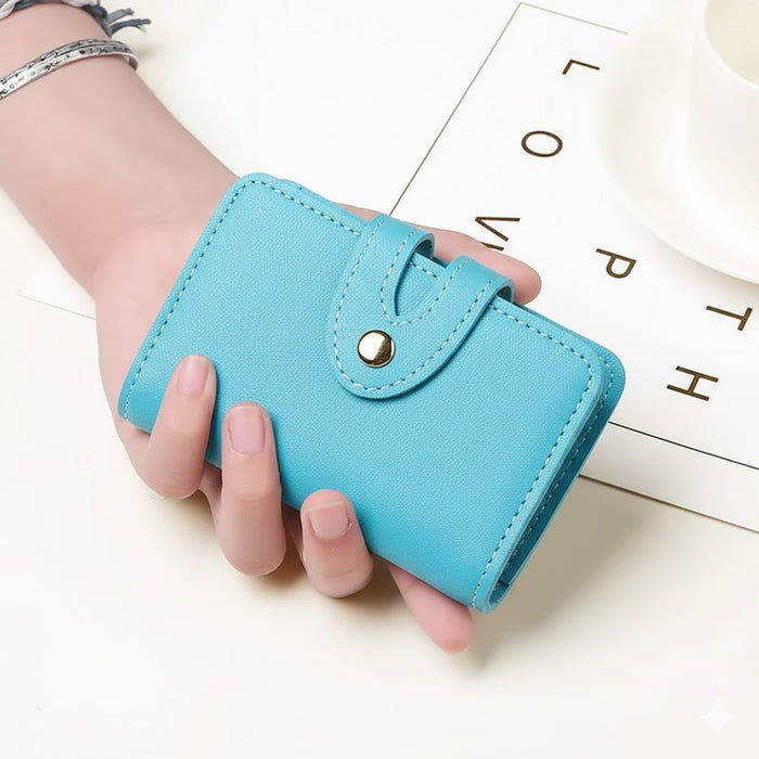 Digital Shoppy sky blue document wallet – pink and red leather organizers shown open and closed with card slots