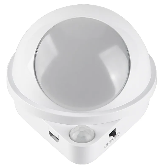 White motion sensor light with two USB ports on a white background