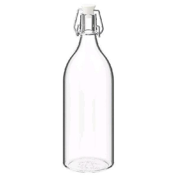 IKEA UPPFYLLD Funnel, 13 cm, bright yellow with Bottle with Stopper, Clear Glass, White,1 l (34 oz)