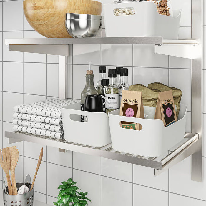  IKEA UPPDATERA white box on organised kitchen shelf with spices towels and containers