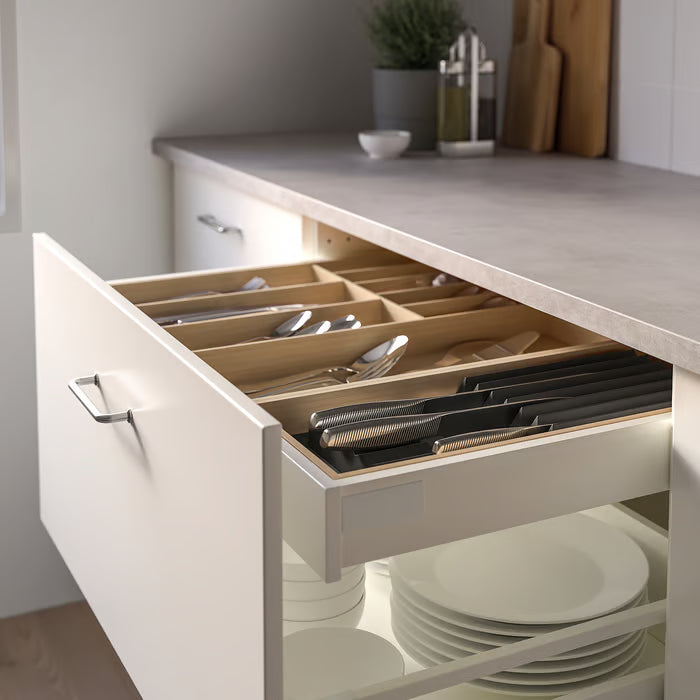 IKEA UPPDATERA anthracite knife tray in kitchen drawer with knives and scissors fully organised