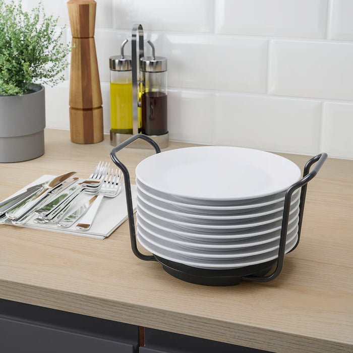 IKEA UPPDATERA plate holder anthracite stacking white plates on a wooden kitchen countertop with utensils