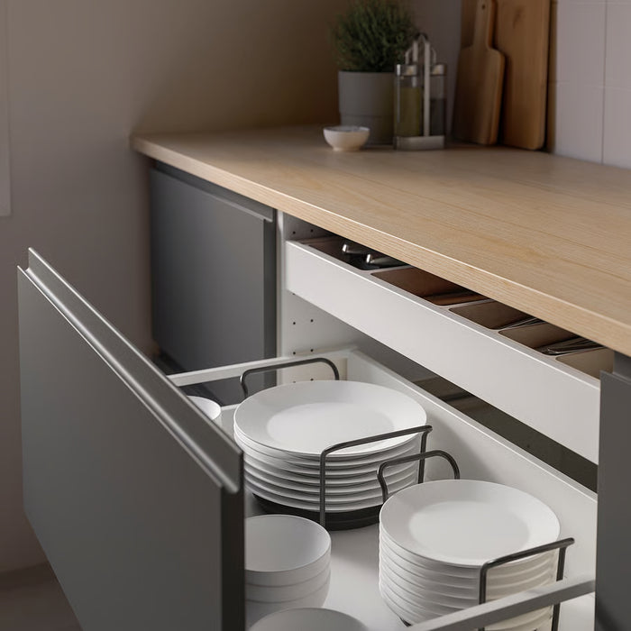 IKEA UPPDATERA anthracite plate holder organising white plates inside an open kitchen drawer