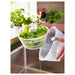 Hand pouring water into IKEA UPPFYLLD white salad spinner with lettuce inside, kitchen sink