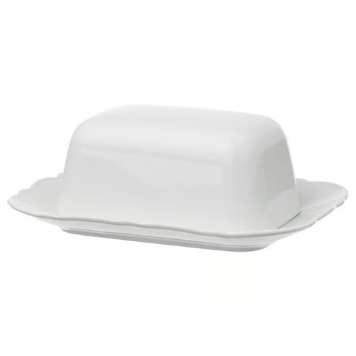 IKEA UPPLAGA white porcelain butter dish ruffled edge rectangular shape front view #00560303