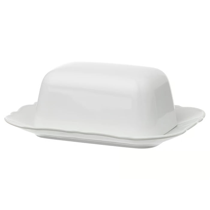 IKEA UPPLAGA white porcelain butter dish ruffled edge rectangular shape front view #00560303