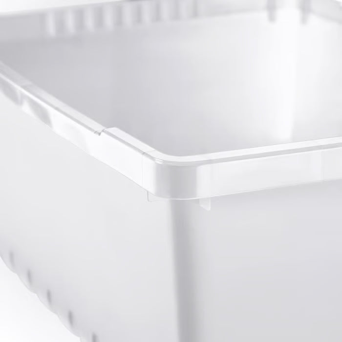 Close-up of IKEA UPPSNOFSAD transparent white plastic storage box showing sturdy rim and stackable base