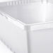 Close-up of IKEA UPPSNOFSAD transparent white plastic storage box showing sturdy rim and stackable base