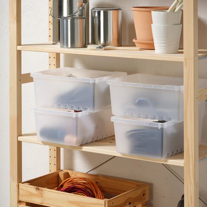 IKEA UPPSNOFSAD clear storage boxes arranged on wooden shelves alongside metal containers and plant pots