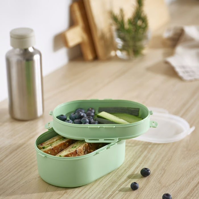 IKEA UTBJUDA Stackable lunch box for dry food, light green with Water bottle, clear glass/green, 0.5 l