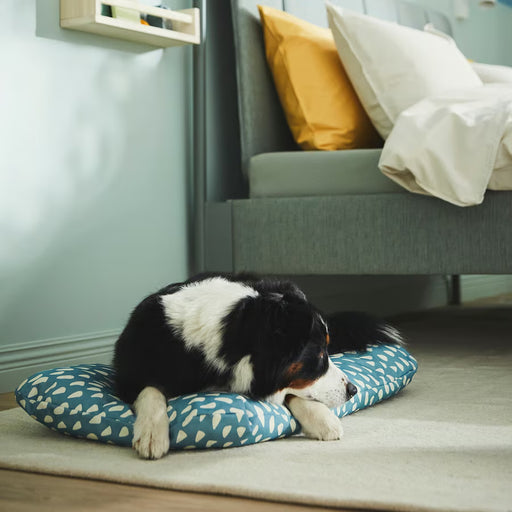 Black and white puppy resting on IKEA UTSÅDD blue patterned pet cushion placed on living room floor