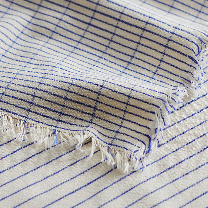 Close-up of IKEA VÄLVÅRDAD tea towel white blue stripes fringe texture cotton linen weave detail