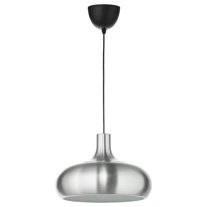 IKEA VÄXJÖ pendant lamp, aluminum color, 38 cm, hanging over a dining table with LED bulb