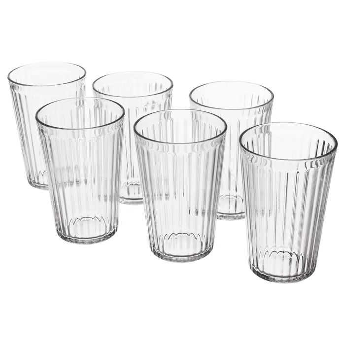 IKEA VARDAGEN clear ribbed glass tumblers set of 6 with scalloped base, 43 cl, tempered glass #50313107