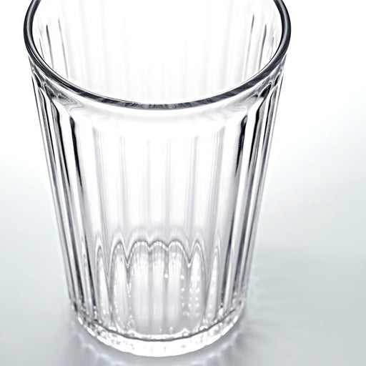 Close-up of IKEA VARDAGEN glass showing textured pleated pattern and clear glass material