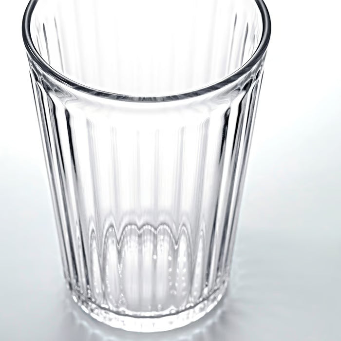 Close-up of IKEA VARDAGEN glass showing textured pleated pattern and clear glass material