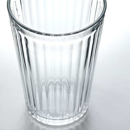 Single IKEA VARDAGEN clear glass tumbler with vertical ridges on reflective surface, 43 cl