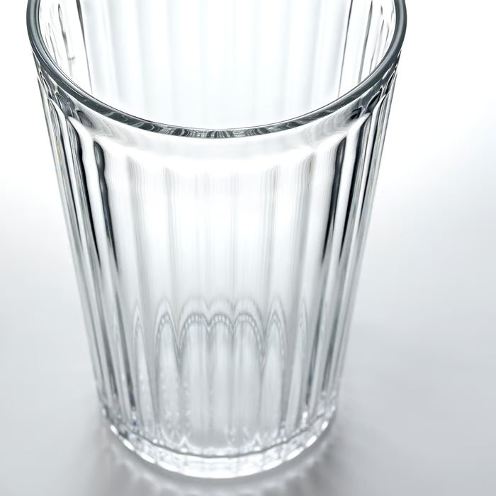 Single IKEA VARDAGEN clear glass tumbler with vertical ridges on reflective surface, 43 cl