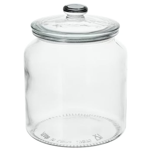  IKEA VARDAGEN clear glass jar with lid 1.9L front view with muesli storage on kitchen worktop #60291925
