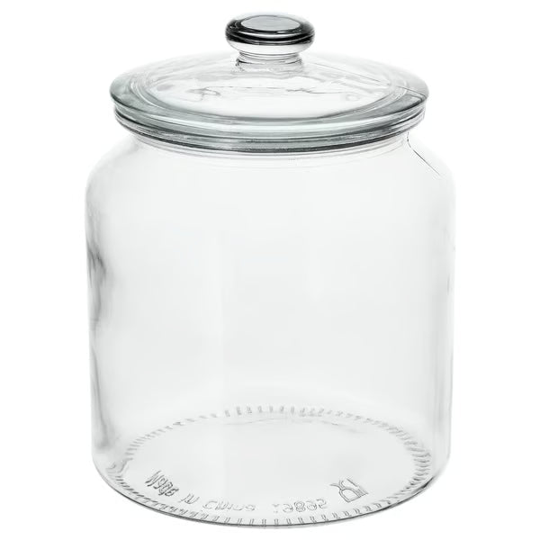  IKEA VARDAGEN clear glass jar with lid 1.9L front view with muesli storage on kitchen worktop #60291925