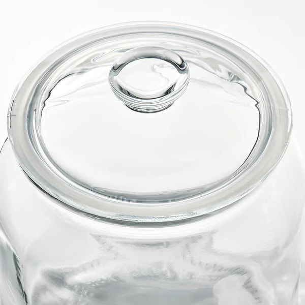Close-up of IKEA VARDAGEN glass jar with lid showing transparent body and silicone-sealed lid detail