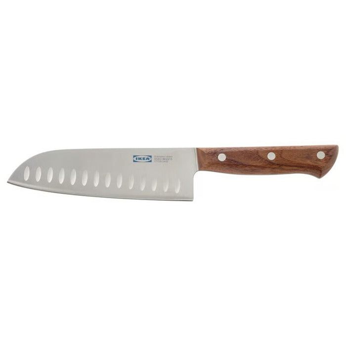 Santoku knife with a wooden handle on a white background