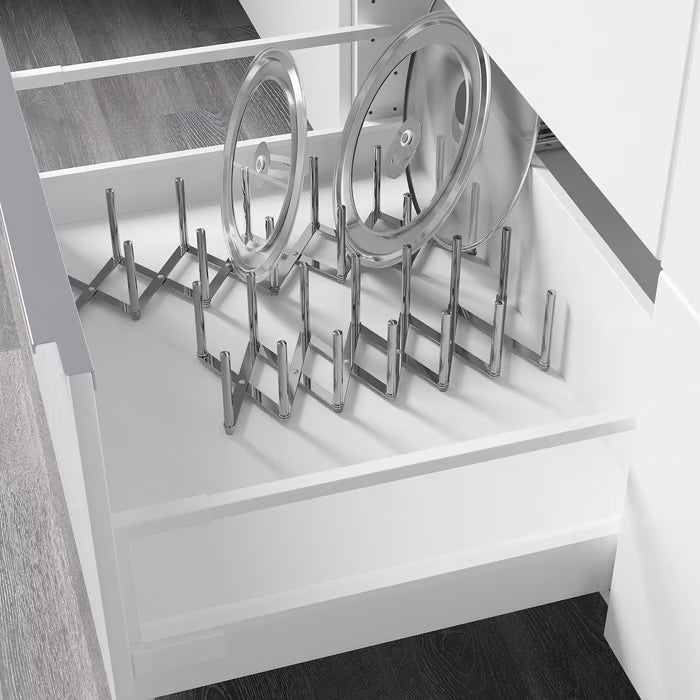  IKEA VARIERA pot lid organiser close-up stainless steel frame rubber feet drawer organiser