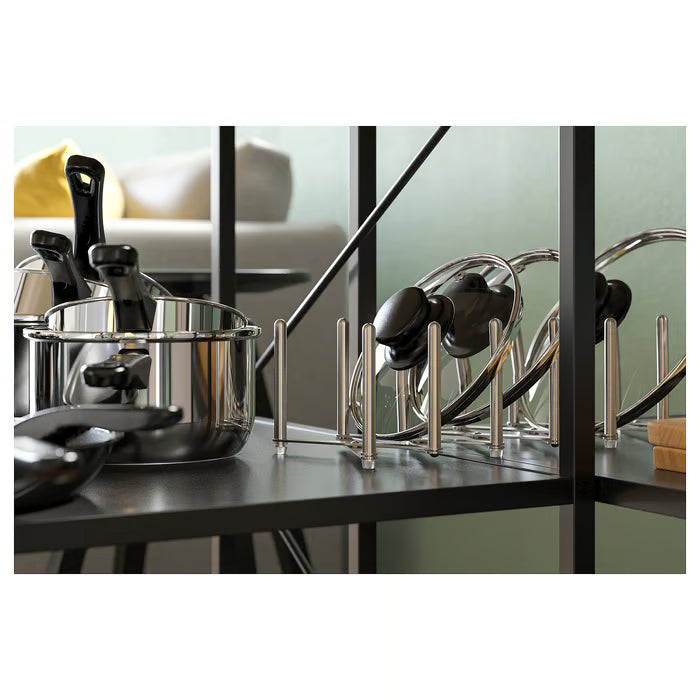  IKEA VARIERA adjustable lid organiser stainless steel expanded to full length on kitchen shelf