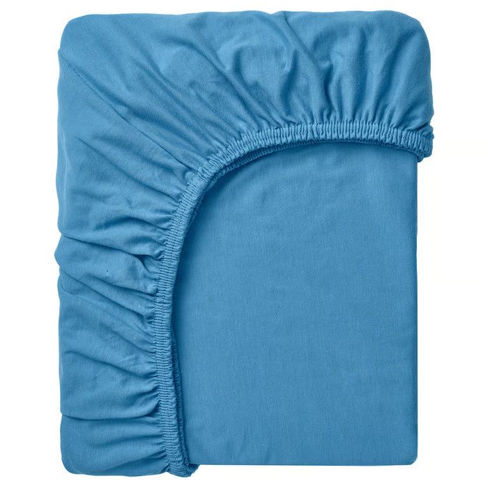 IKEA VÅRVIAL blue cotton fitted sheet with elastic corners, smooth stretchy texture #60576952