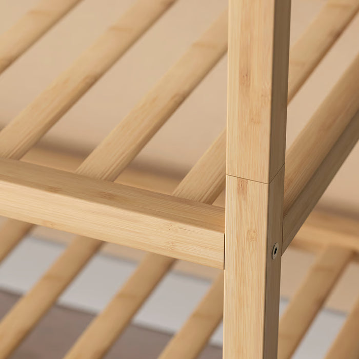  Close-up of IKEA VASSKÄR bamboo shoe rack showing craftsmanship and 30cm depth compact design