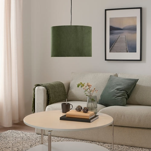 Modern lamp featuring the IKEA MOLNSKIKT dark green velvet shade.