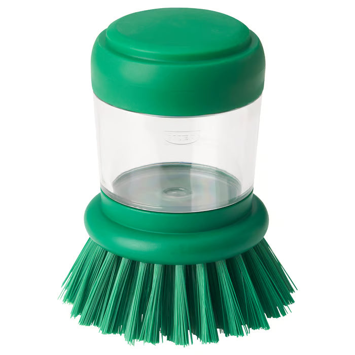 IKEA VIDEVECKMAL bright green dish brush with built-in soap dispenser, transparent body, green bristles #60561007
