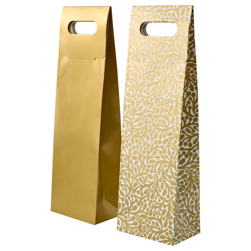 IKEA VINTERFINT gift bags for bottle, plain gold and gold with white patterns, upright with handles #10631989