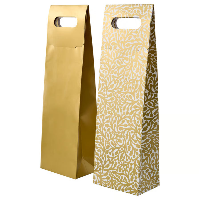 IKEA VINTERFINT gift bags for bottle, plain gold and gold with white patterns, upright with handles #10631989