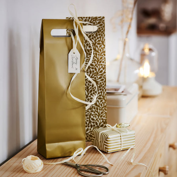 IKEA VINTERFINT gift bag for bottle in gold-colour mixed patterns, 13x41 cm, pack of 2