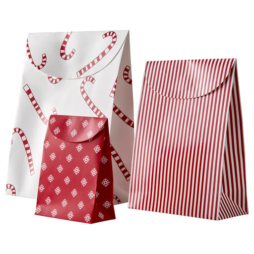 IKEA VINTERFINT paper gift bags in red stripes and red snowflakes on white, festive set of 3 #90632065